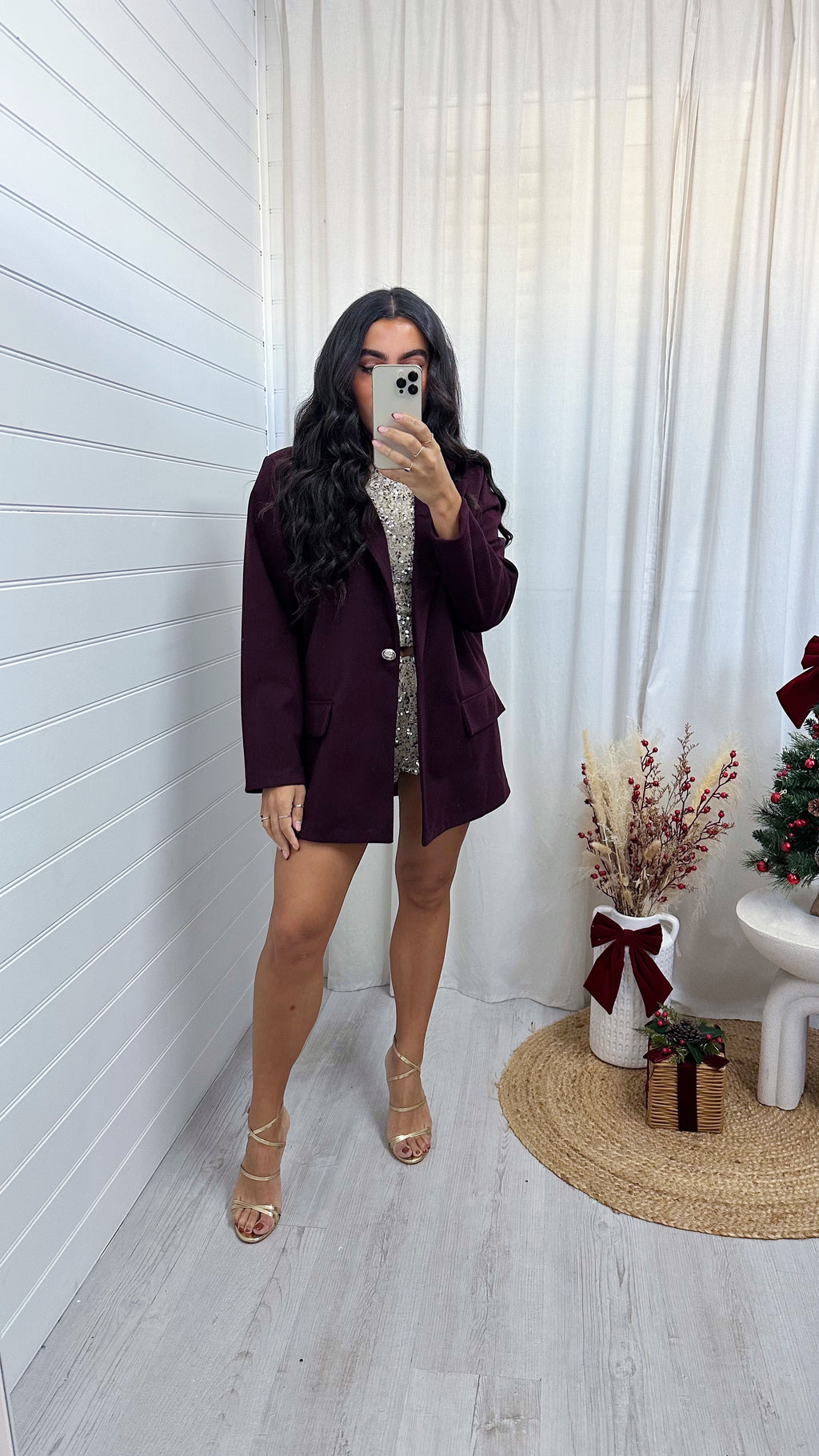 Tweed Oversized Boyfriend Blazer - BURGUNDY