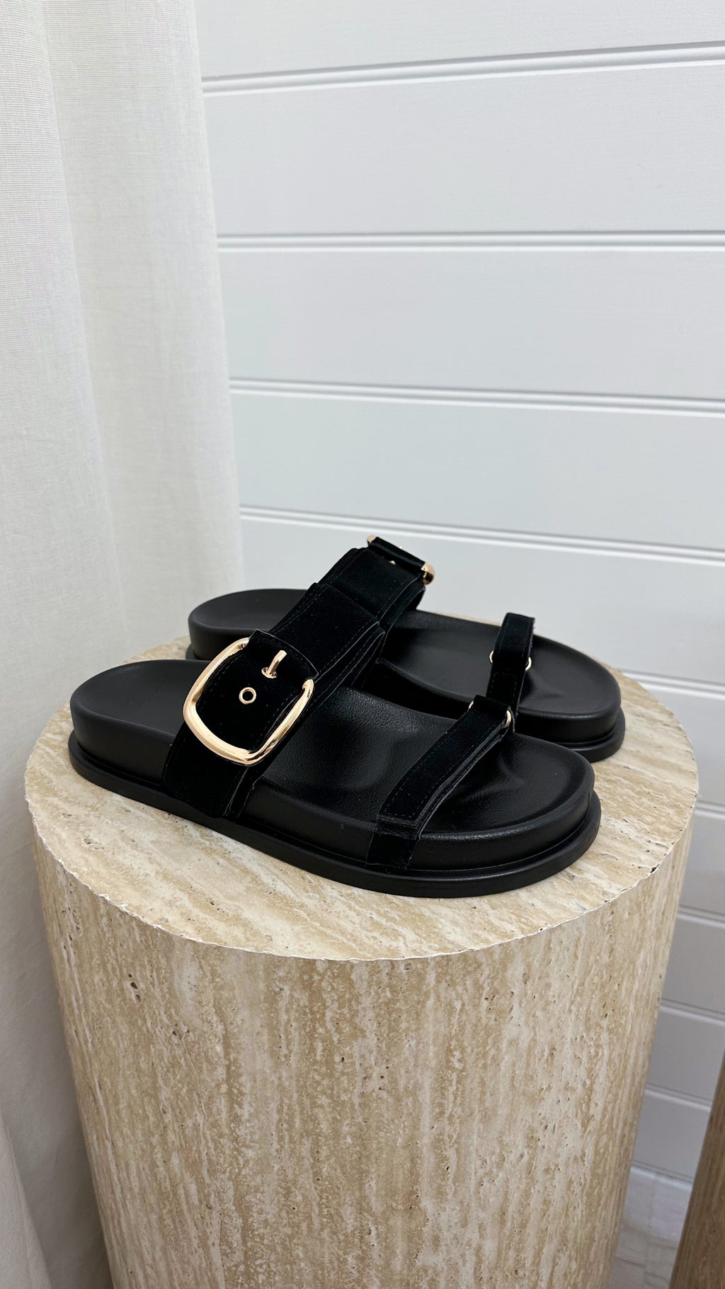 Buckle Strap Suede Sliders - BLACK
