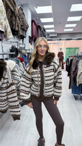 Faux Fur Collar Aztec Print Cardigan - BROWN