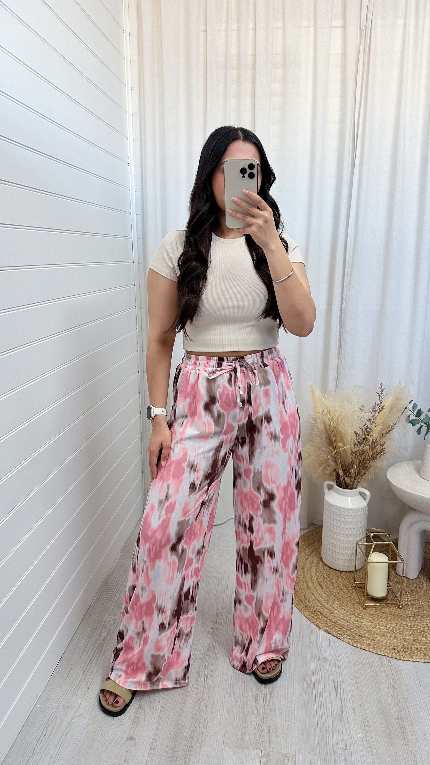Stretchy Wide Leg Pink  Water Colour Print Trousers