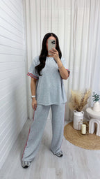 Soft Ribbed Side Strip T-Shirt and Trousers Co-Ord - GREY