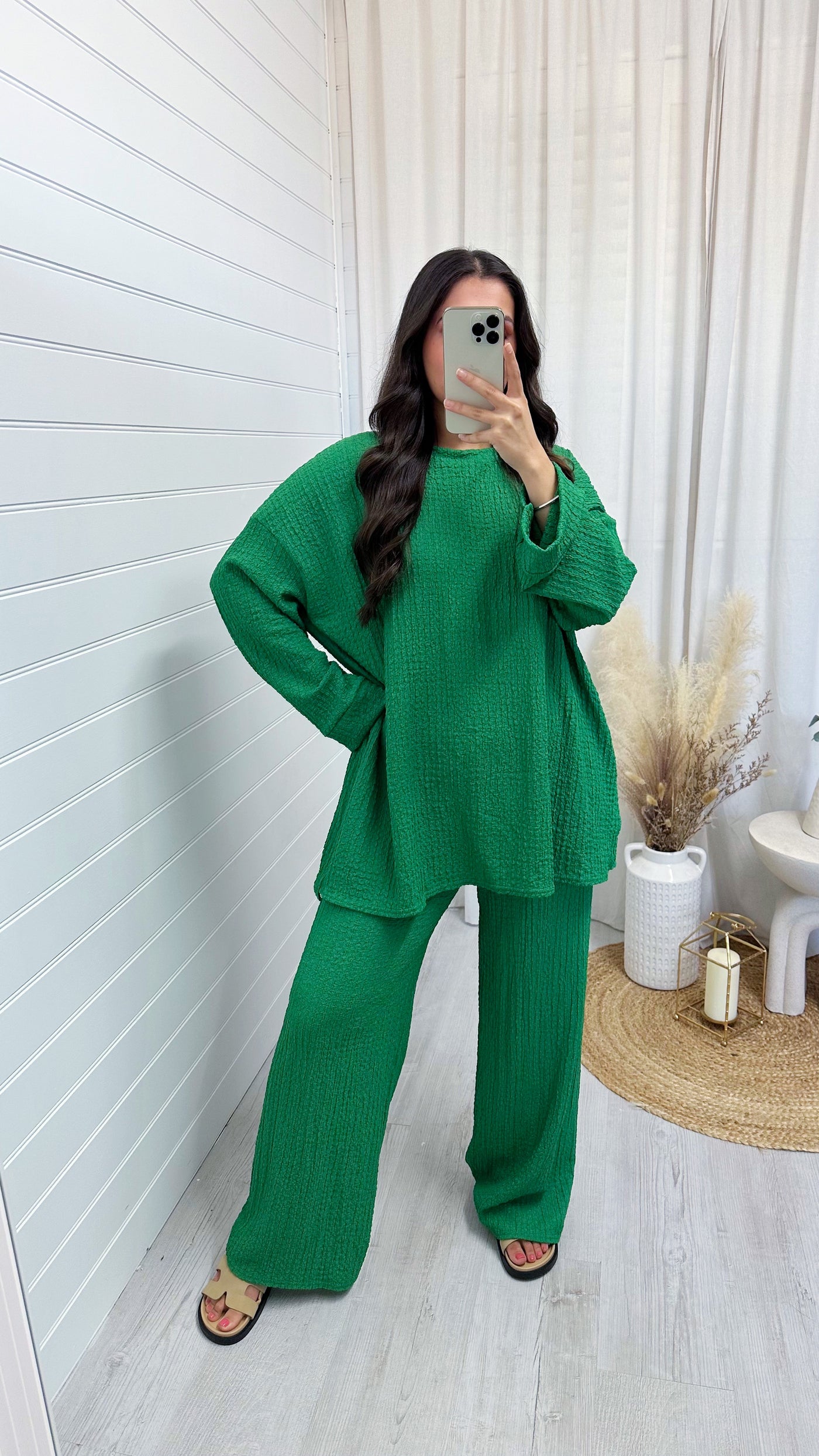 Loose Fit Cheesecloth Long Sleeve Top and Trousers Co-Ord - BRIGHT GREEN