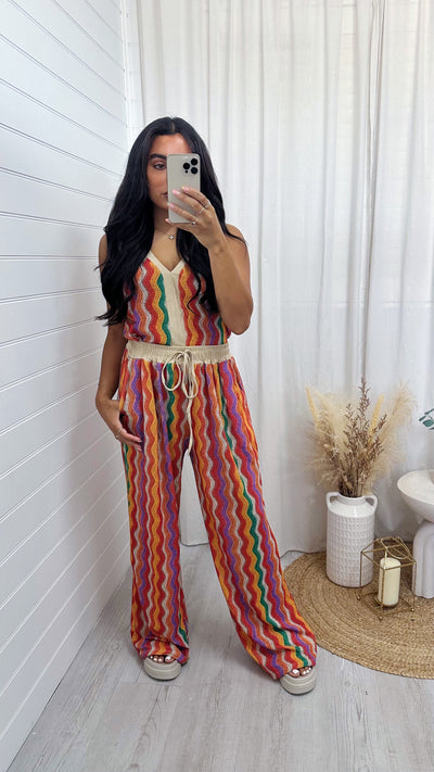 Zig Zag Strappy Vest Top and Wide Leg Trousers Co-Ord - ORANGE/LILAC