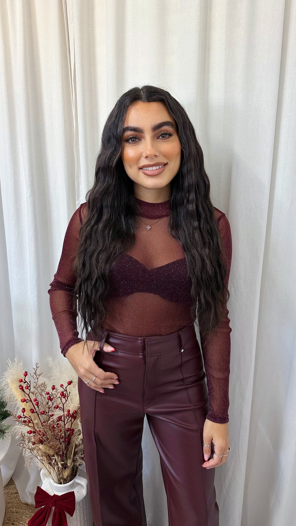 Shimmery Mesh Bodysuit - WINE