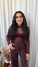 Shimmery Mesh Bodysuit - WINE