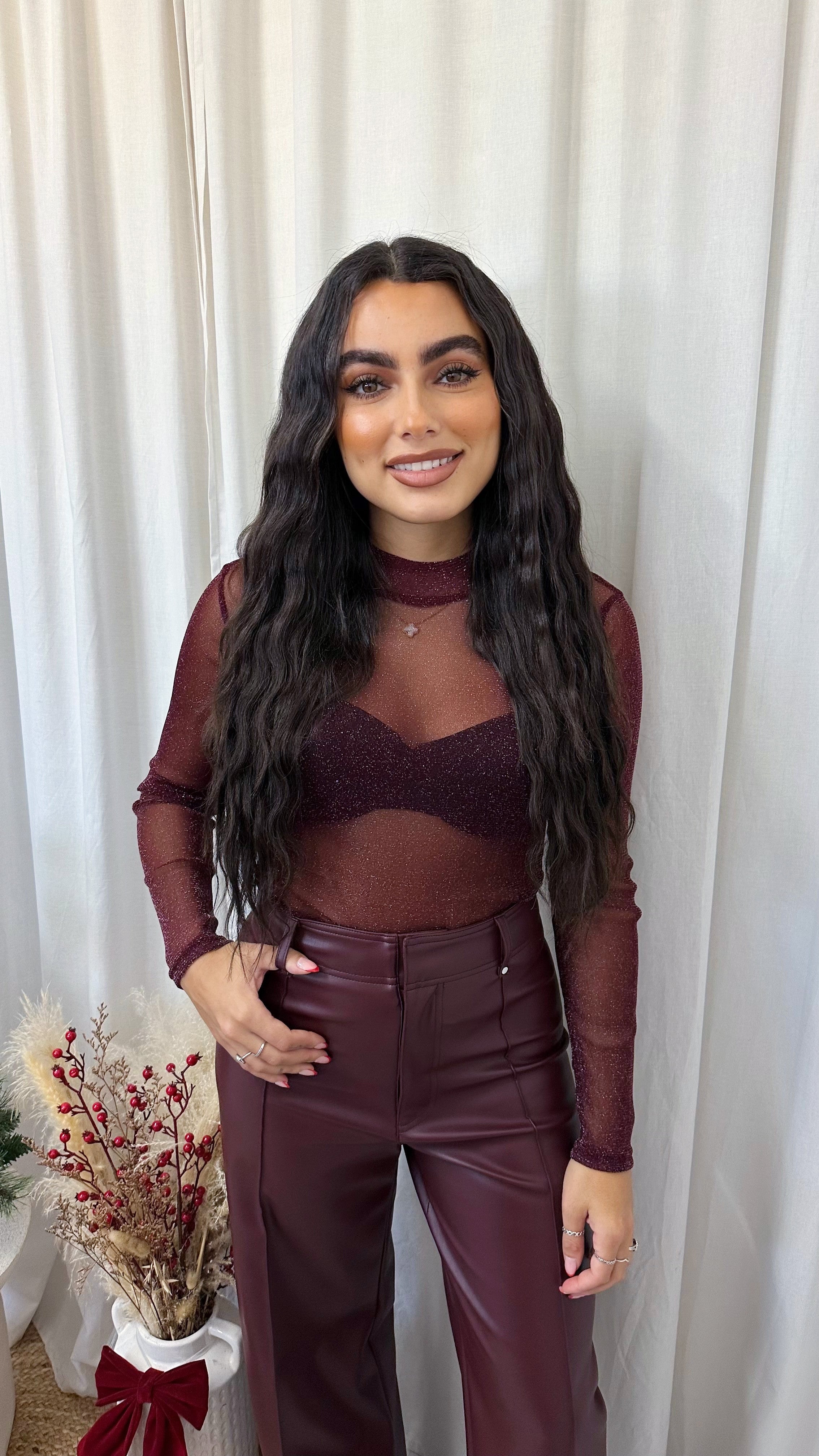 Shimmery Mesh Bodysuit - WINE