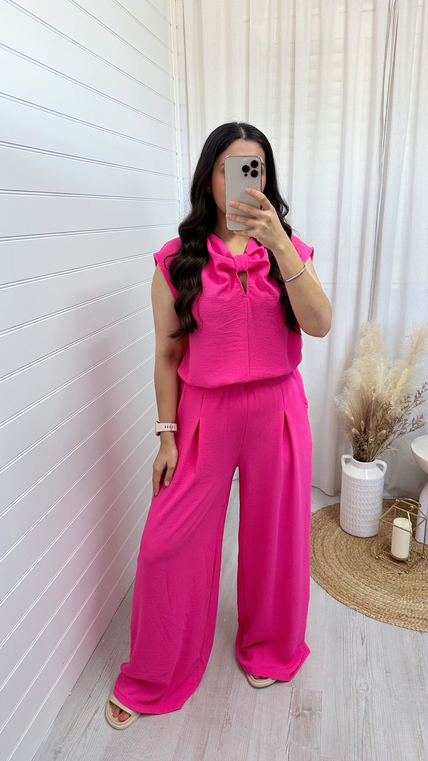 Sleeveless Bow Top and Wide Leg Trousers Co-Ord - PINK