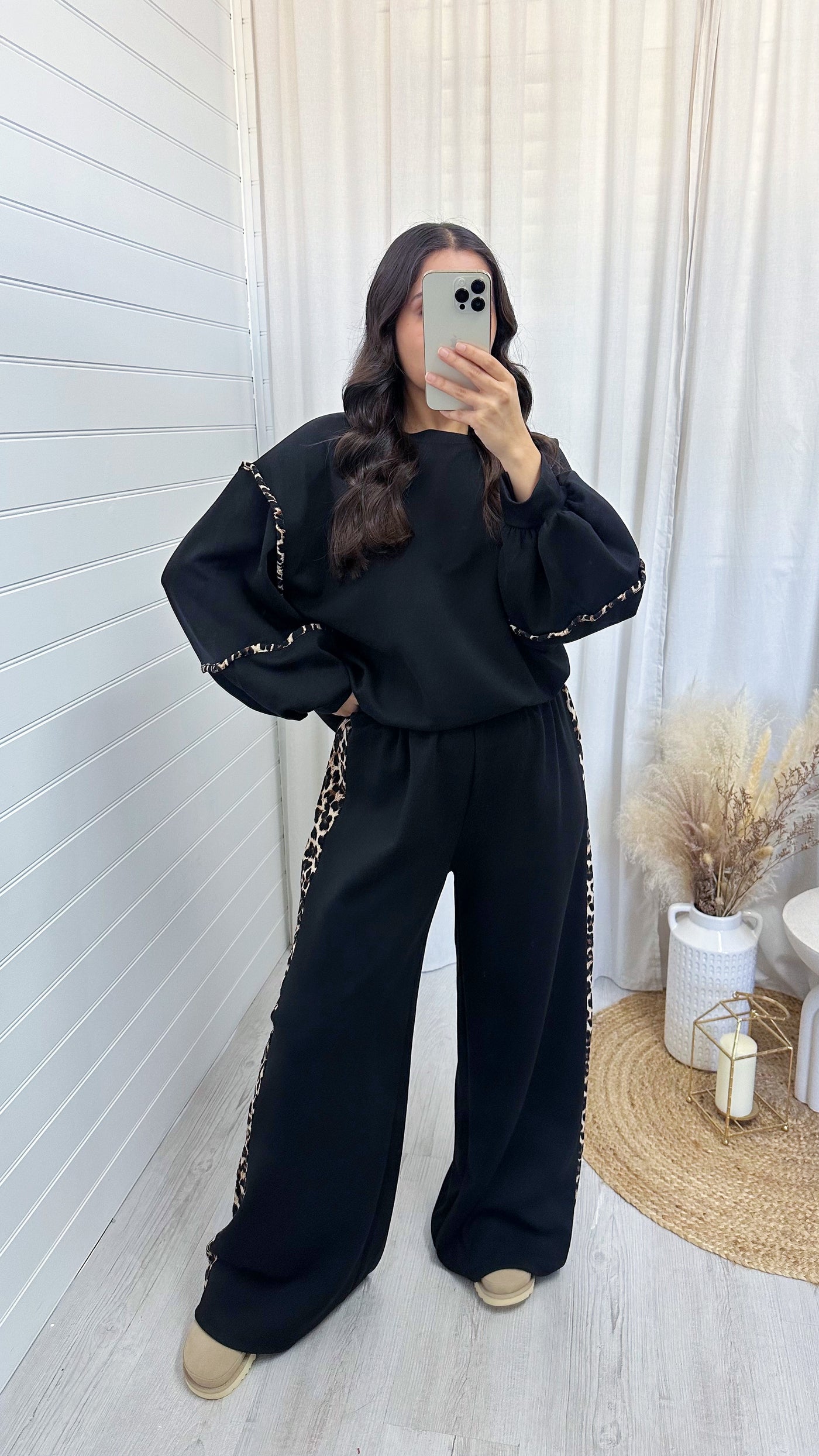 Balloon Sleeve Leopard Trim Sweatshirt and Wide Joggers Co-Ord - BLACK