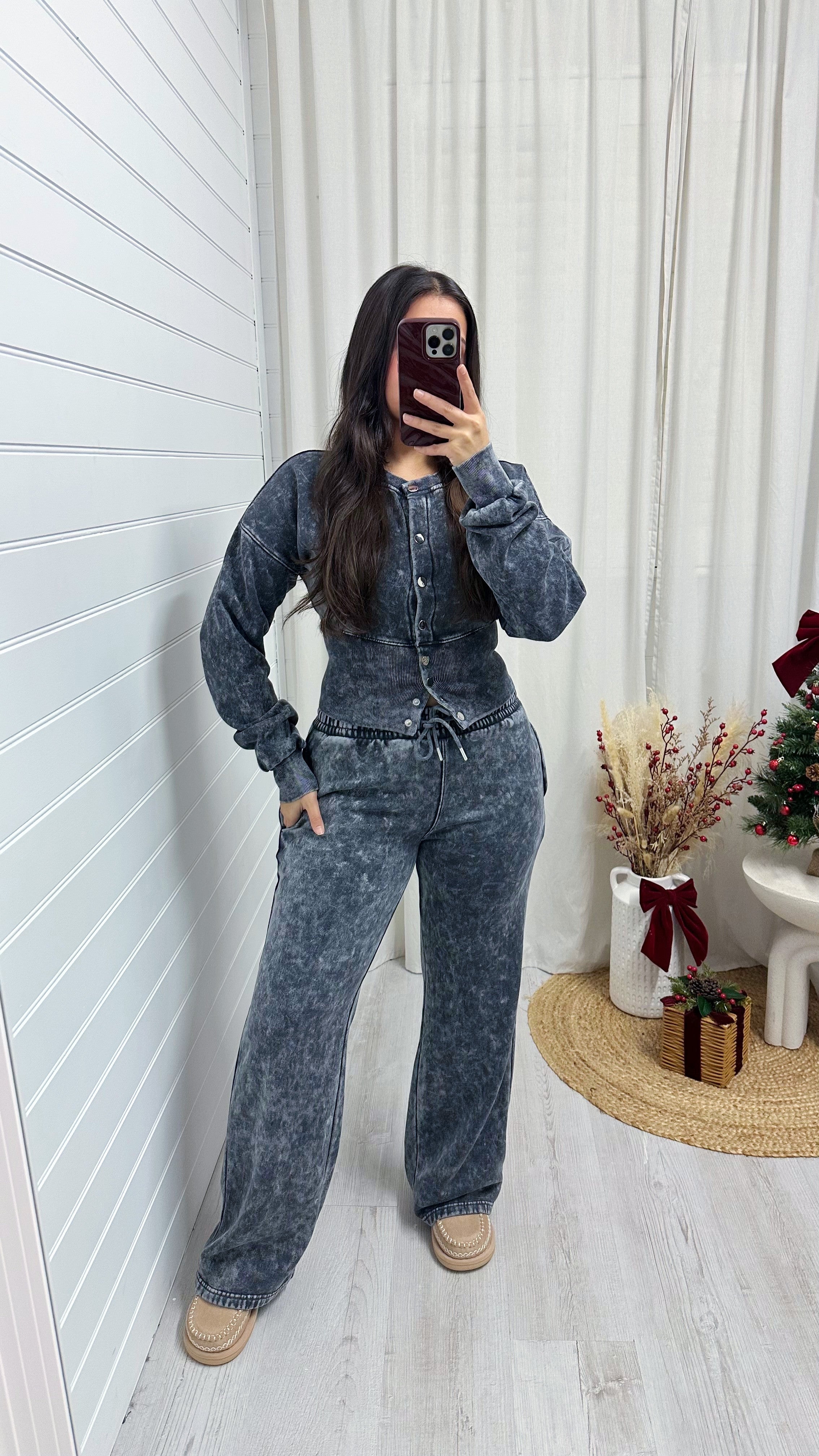 Cinched Waist Jacket and Joggers Tracksuit - ACID WASH CHARCOAL
