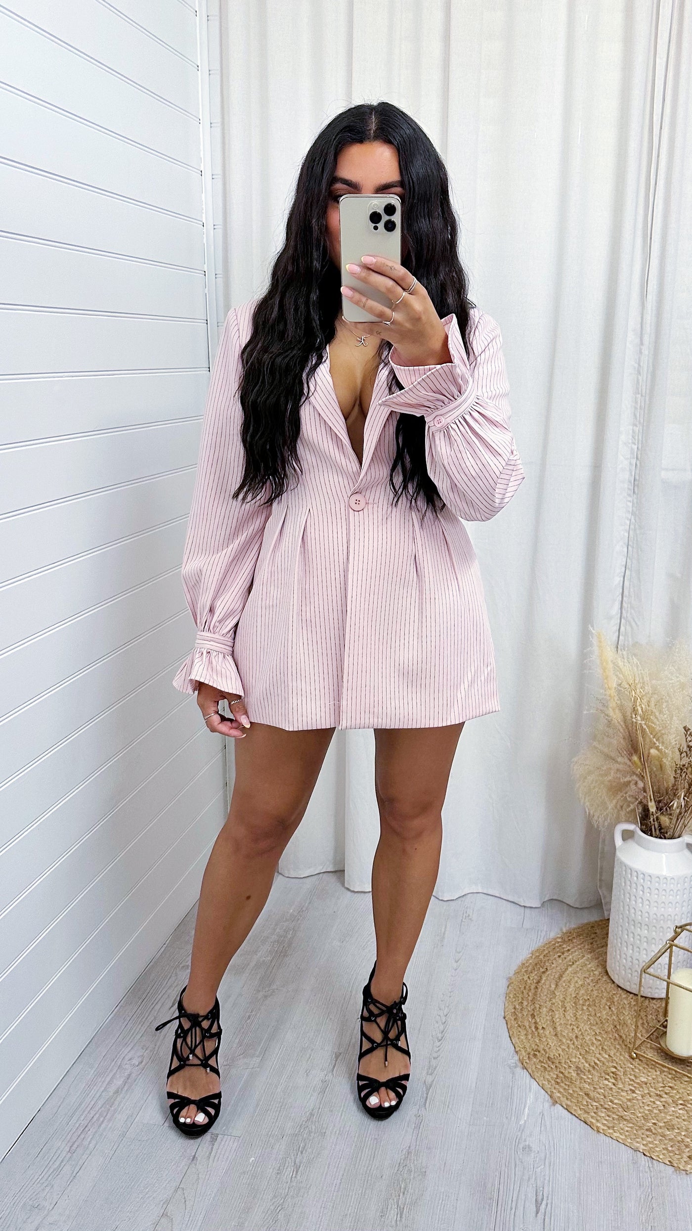 Pinstripe Cinched Waist Blazer - PINK
