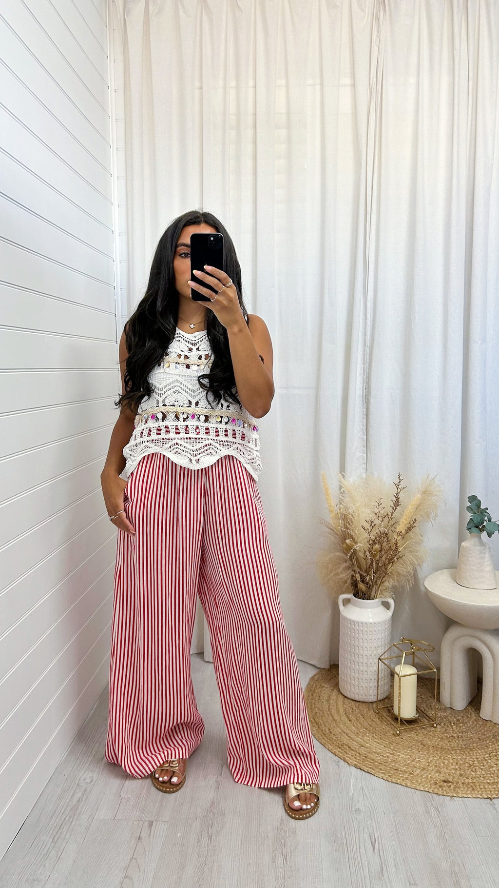 Pinstripe Linen Wide Leg Trousers - RED