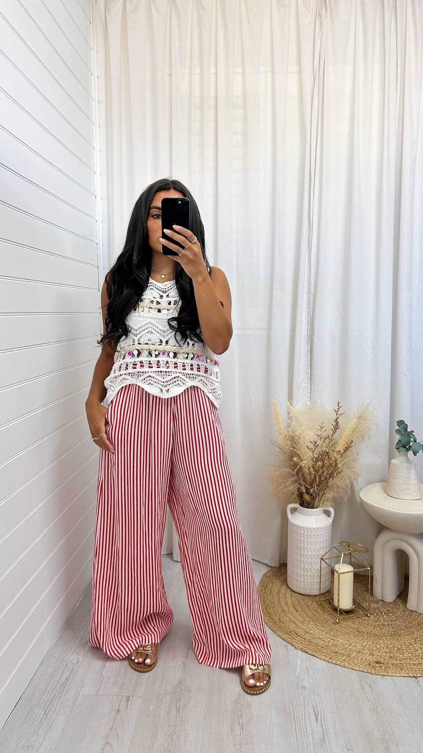 Pinstripe Linen Wide Leg Trousers - RED