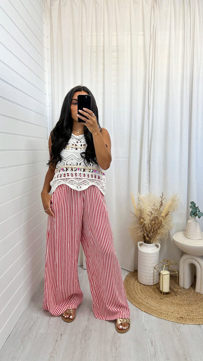 Pinstripe Linen Wide Leg Trousers - RED