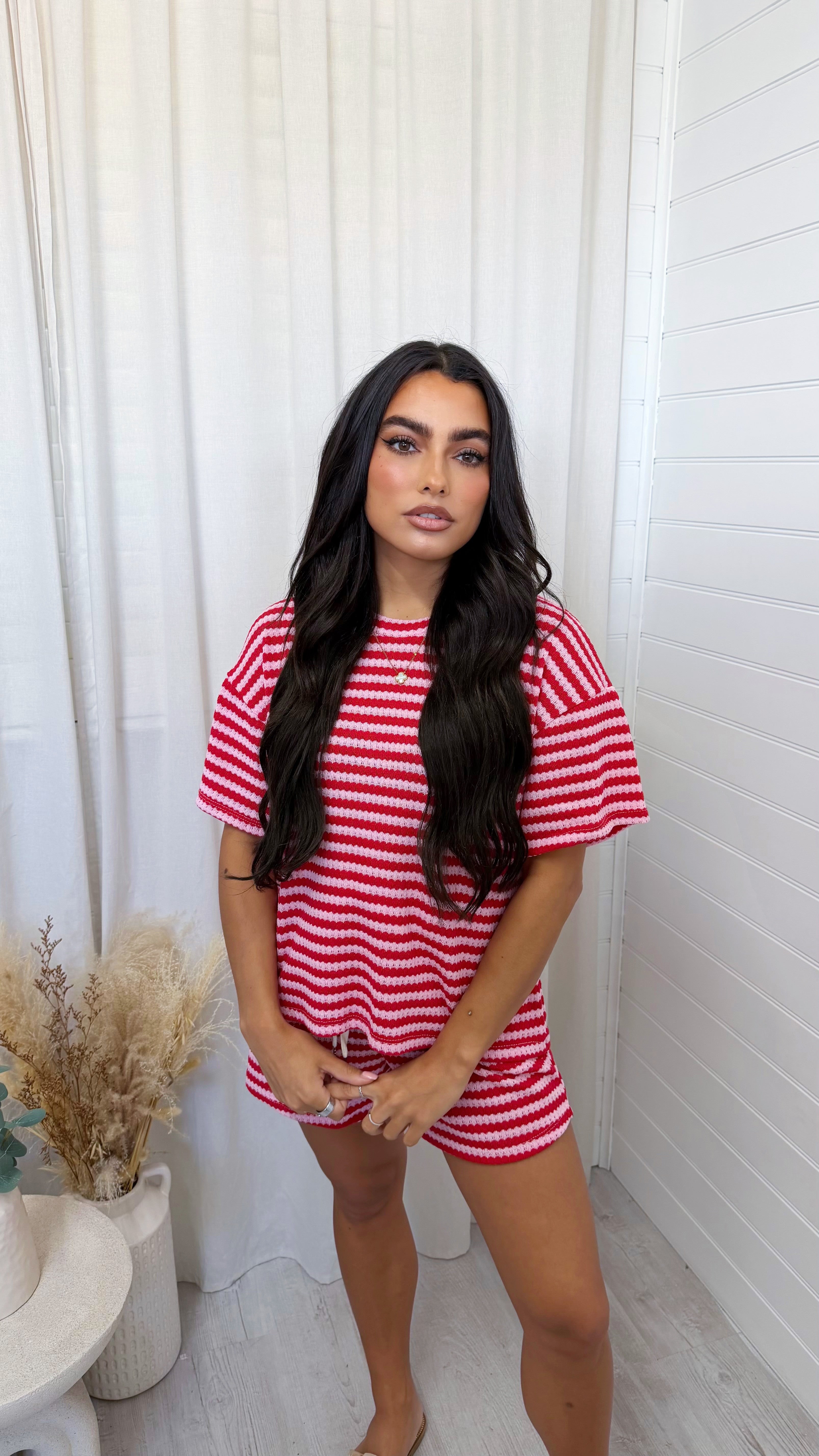 Stripey Knit T-Shirt and Shorts Co-Ord - RED