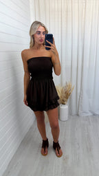 Shirred Bardot Frill Playsuit - BROWN