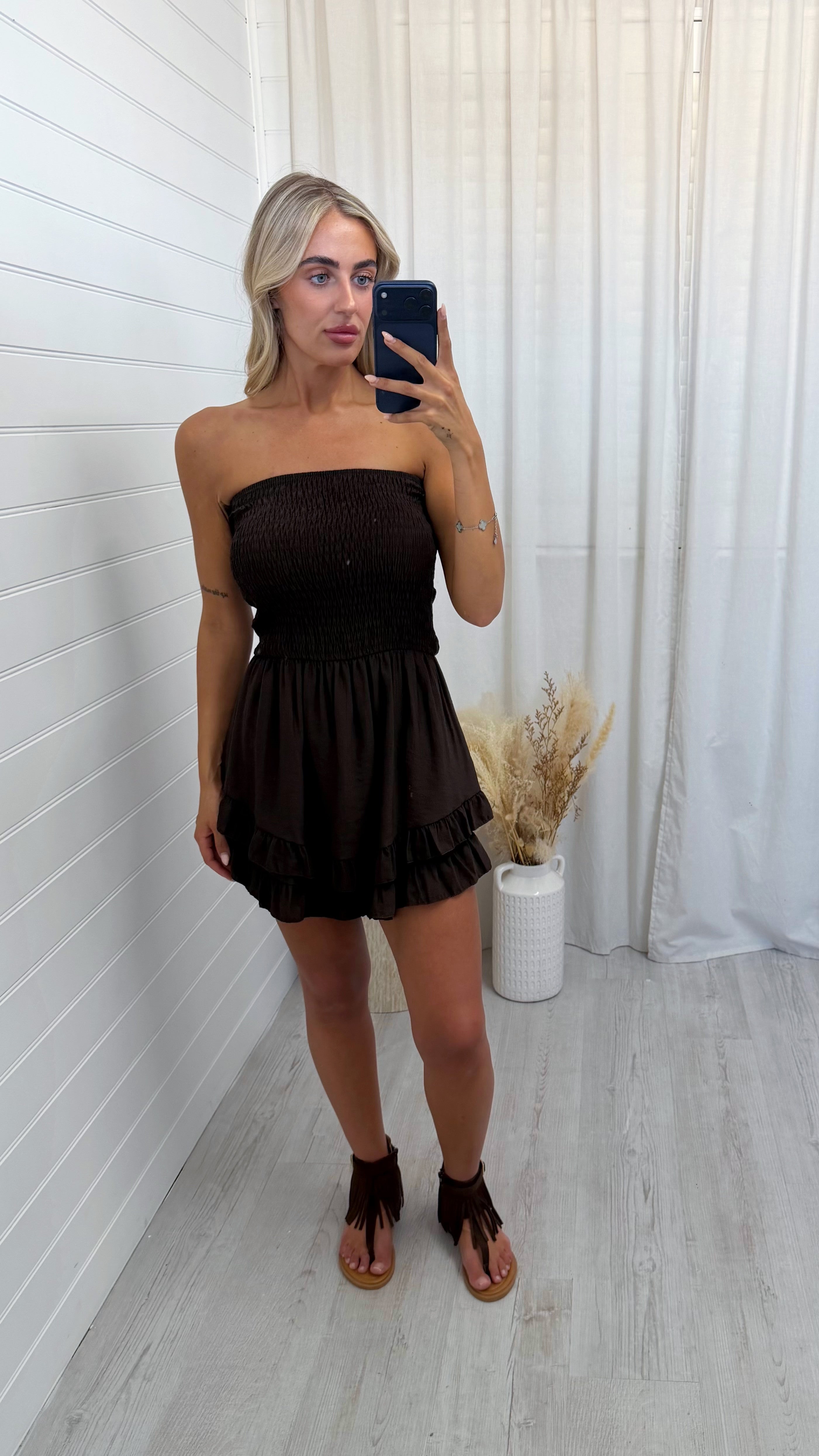 Shirred Bardot Frill Playsuit - BROWN