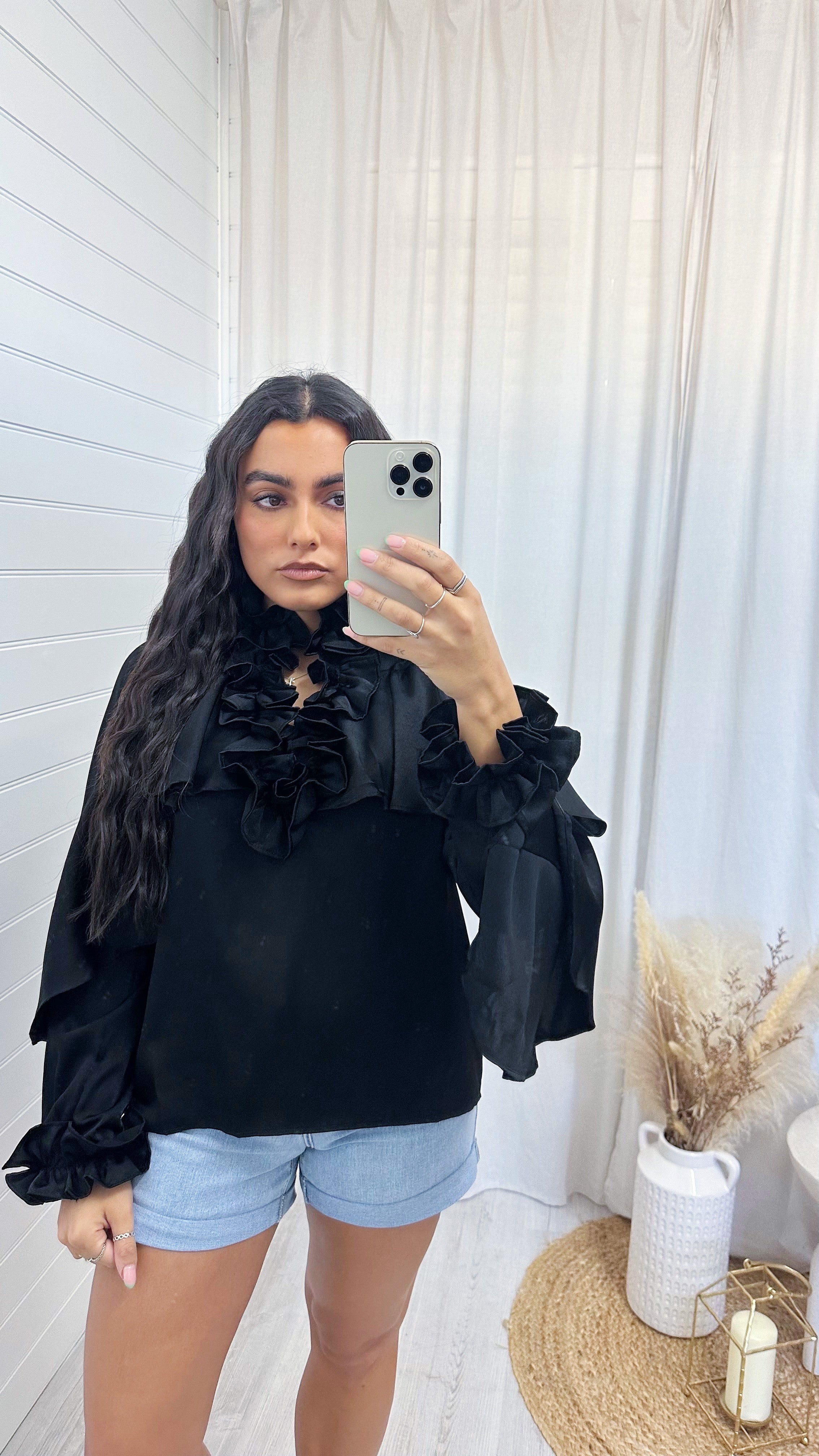 Ruffle High Neck Blouse - BLACK