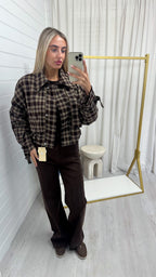 Checked Cropped Jacket - BROWN
