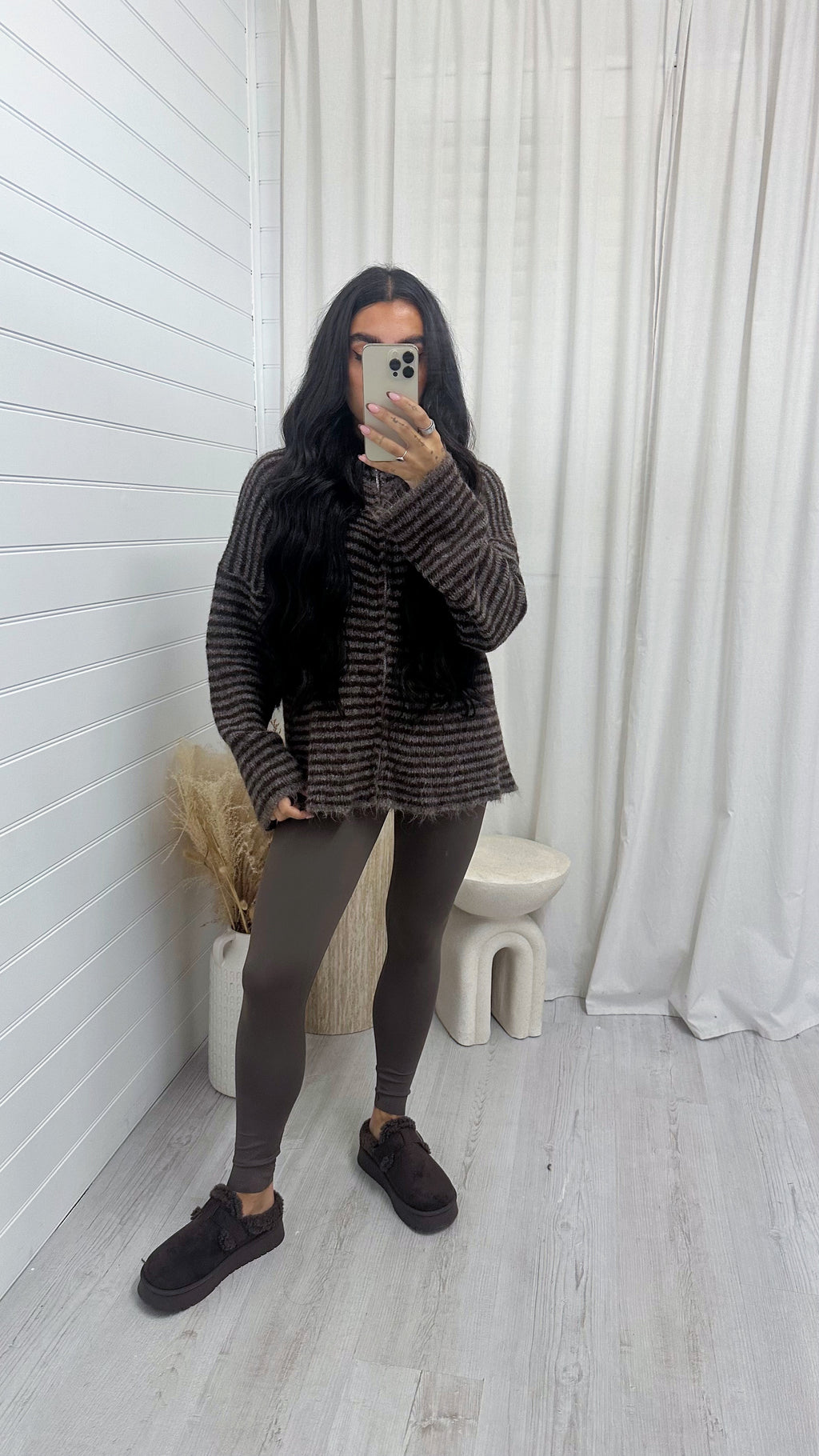 Stripe Zip Woollen Jacket  - BROWN