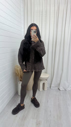 Stripe Zip Woollen Jacket  - BROWN