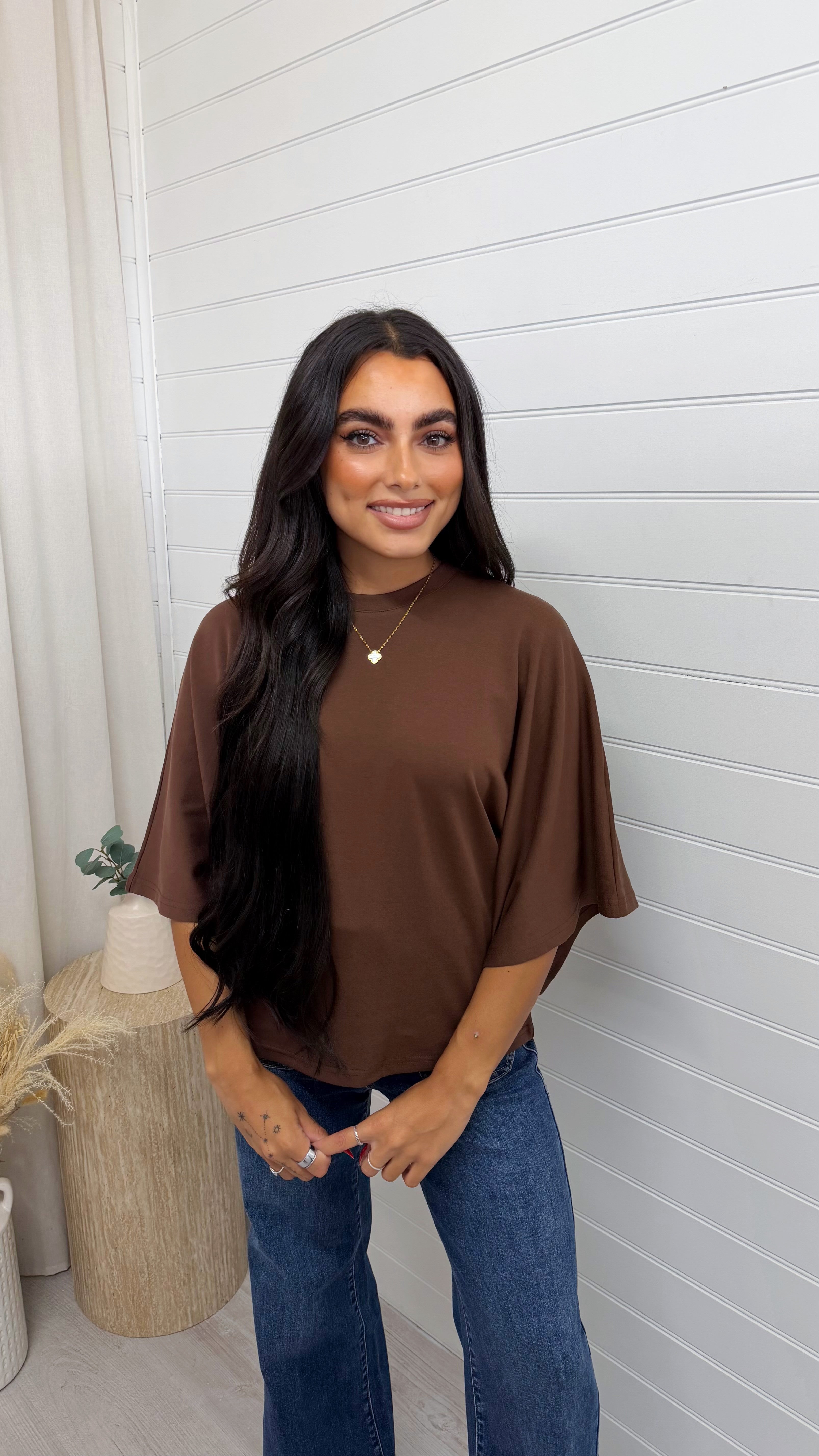Box Sleeve Soft Cotton T-Shirt - BROWN