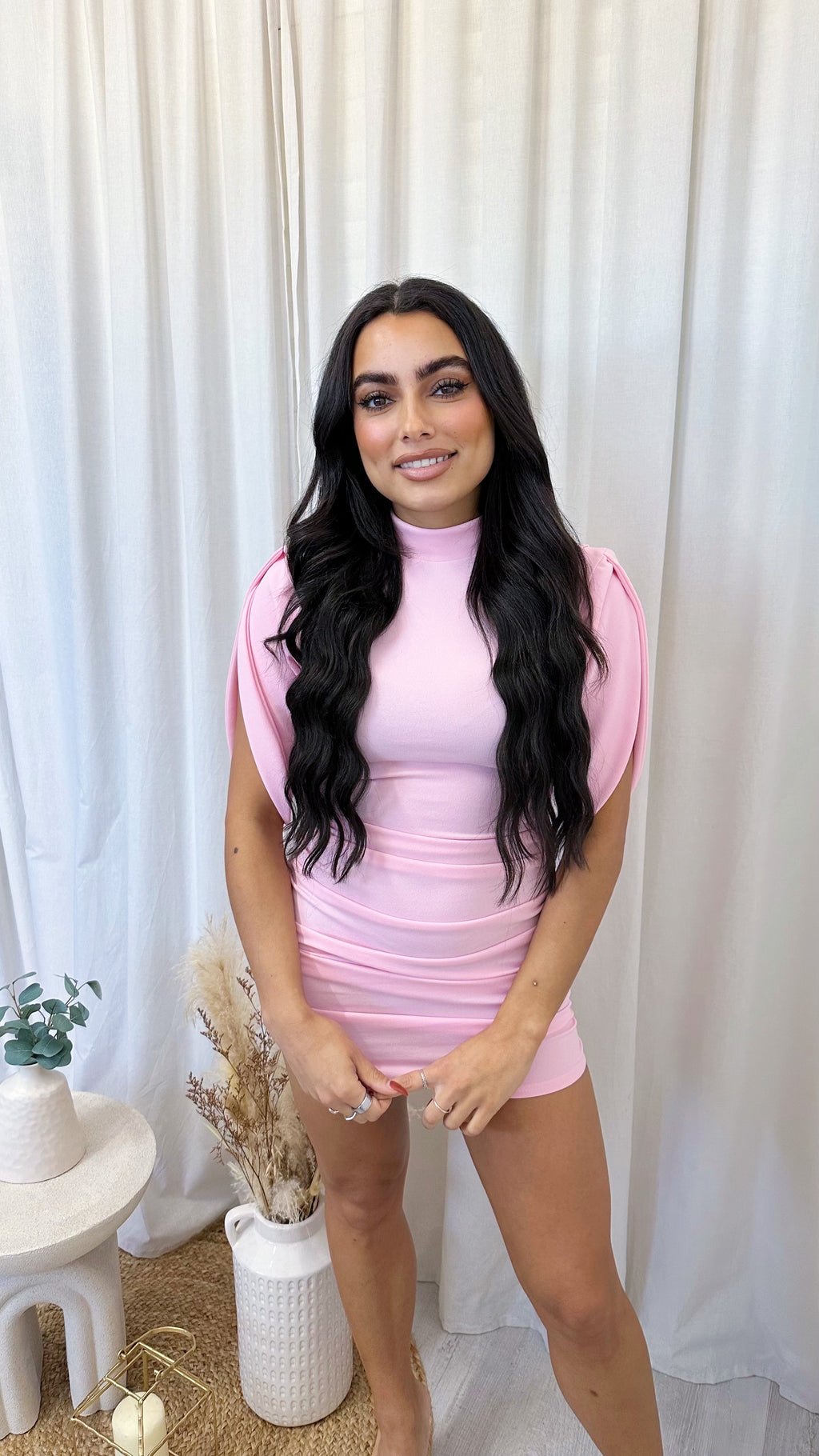 Ruched Shoulder Padded Mini Dress - PINK