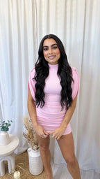 Ruched Shoulder Padded Mini Dress - PINK