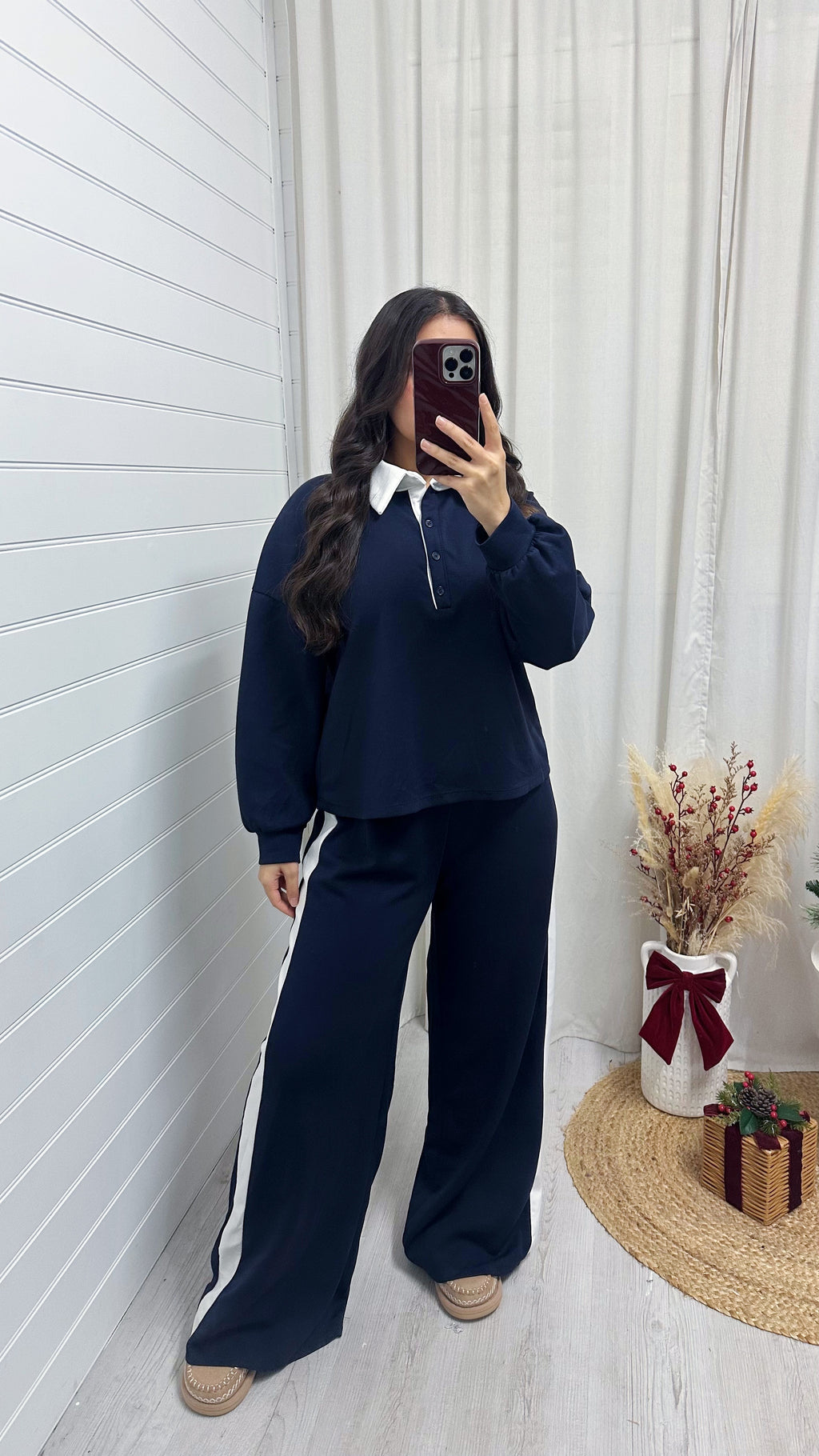 Contrast Collared Shirt and Wide Leg Joggers Co-Ord - NAVY
