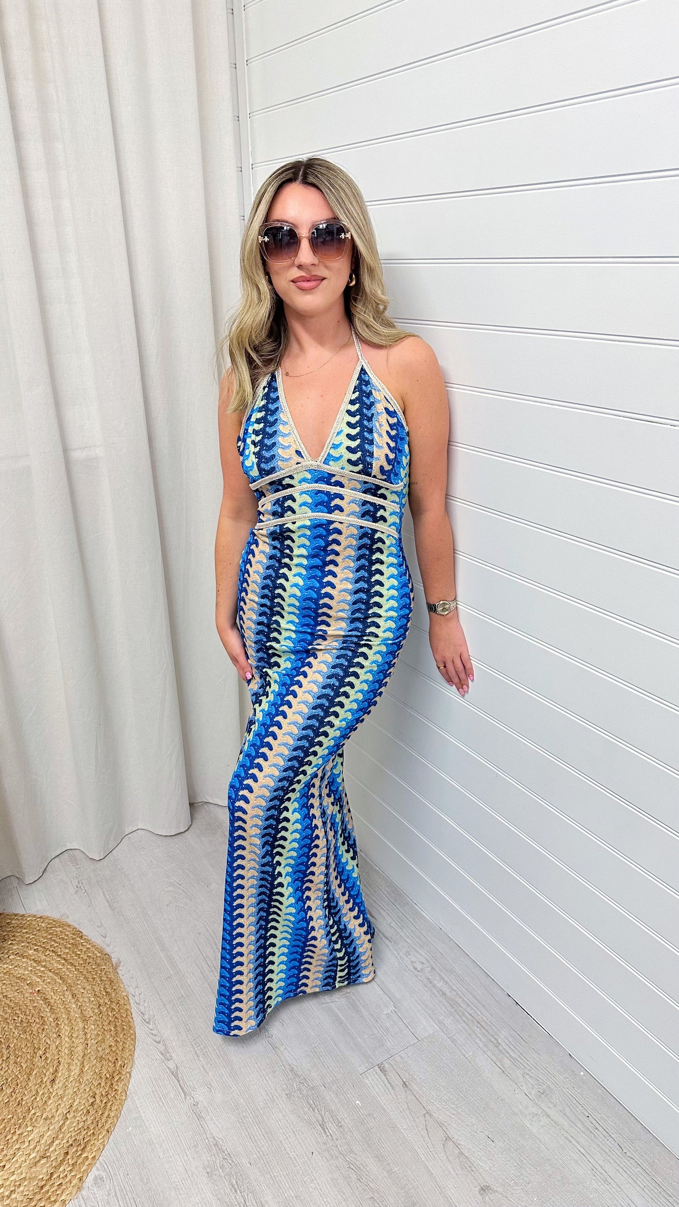 Halter Neck Patterned Maxi Dress - BLUE