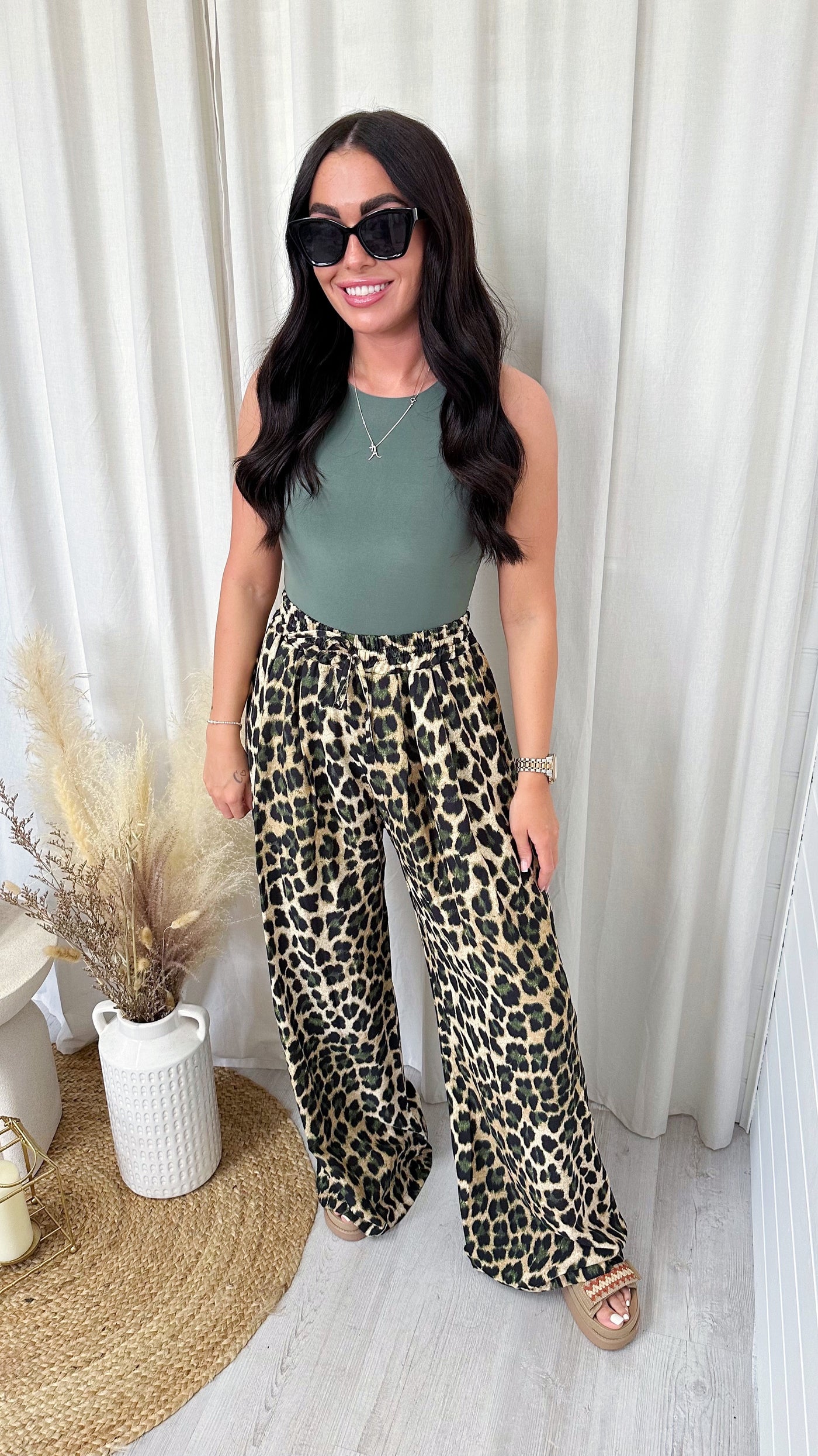 Leopard Print Wide Leg Trousers - KHAKI LEOPARD