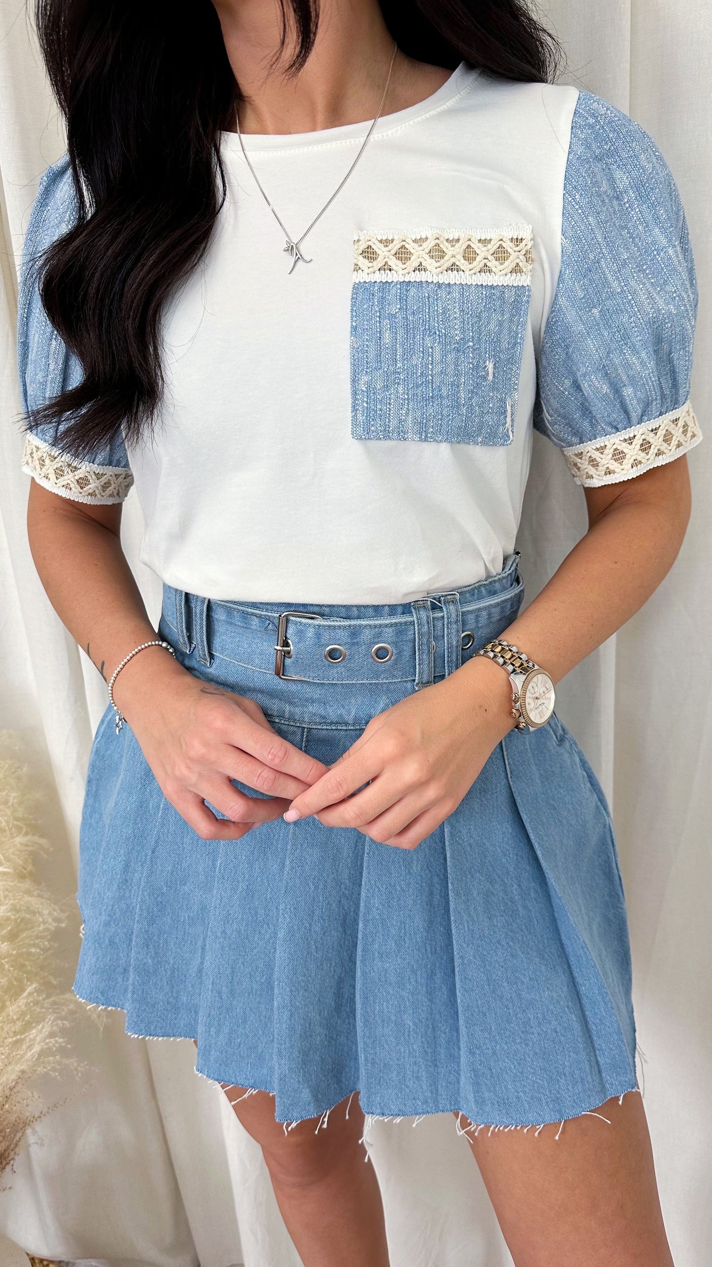 Puff Sleeve Lace Trim T-Shirt - DENIM BLUE