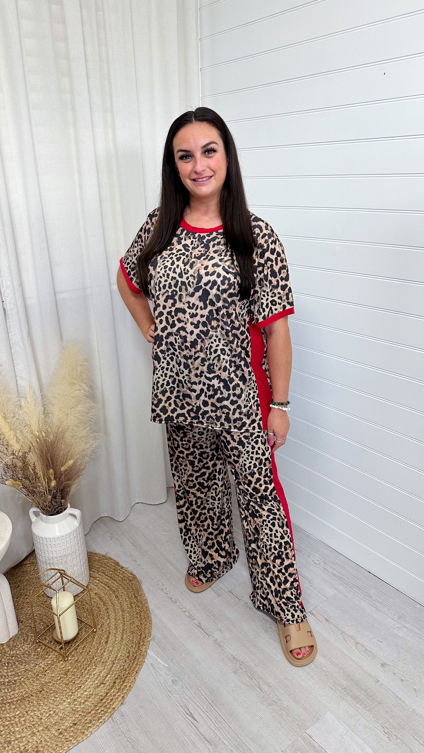 PLUS Red Trim Leopard Print Top and Trousers Co-Ord