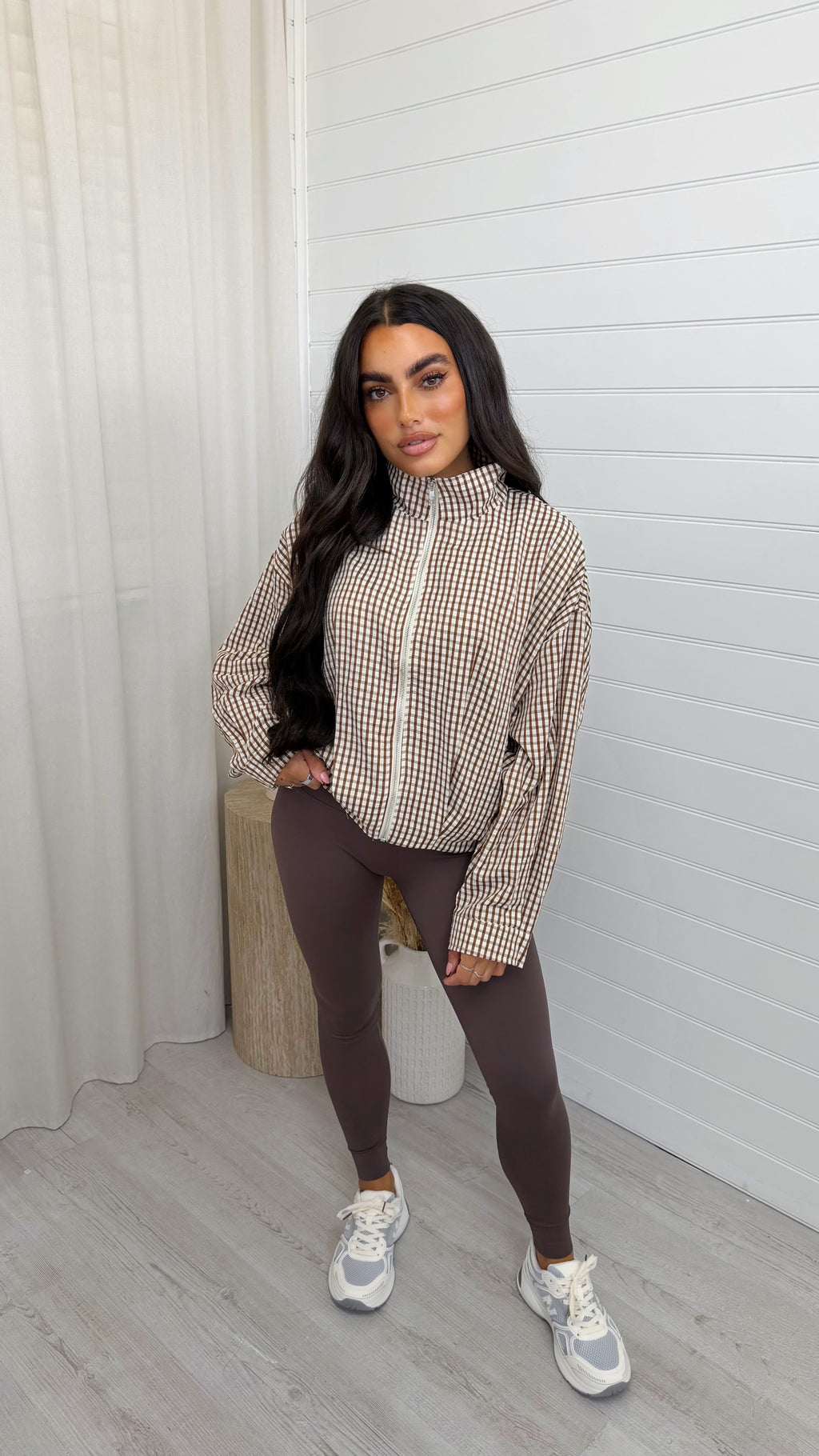 Lightweight Check Bomber Jacket - CREAM/BROWN