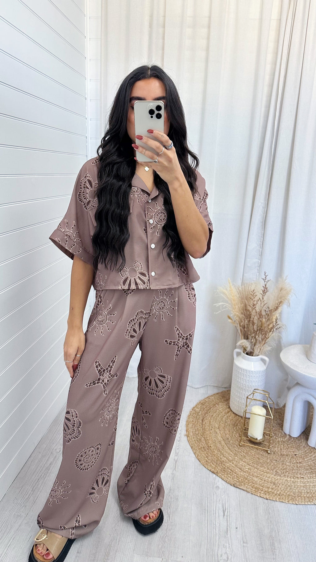 Seashell Print Crop Shirt and Trousers Co-Ord - MAUVE