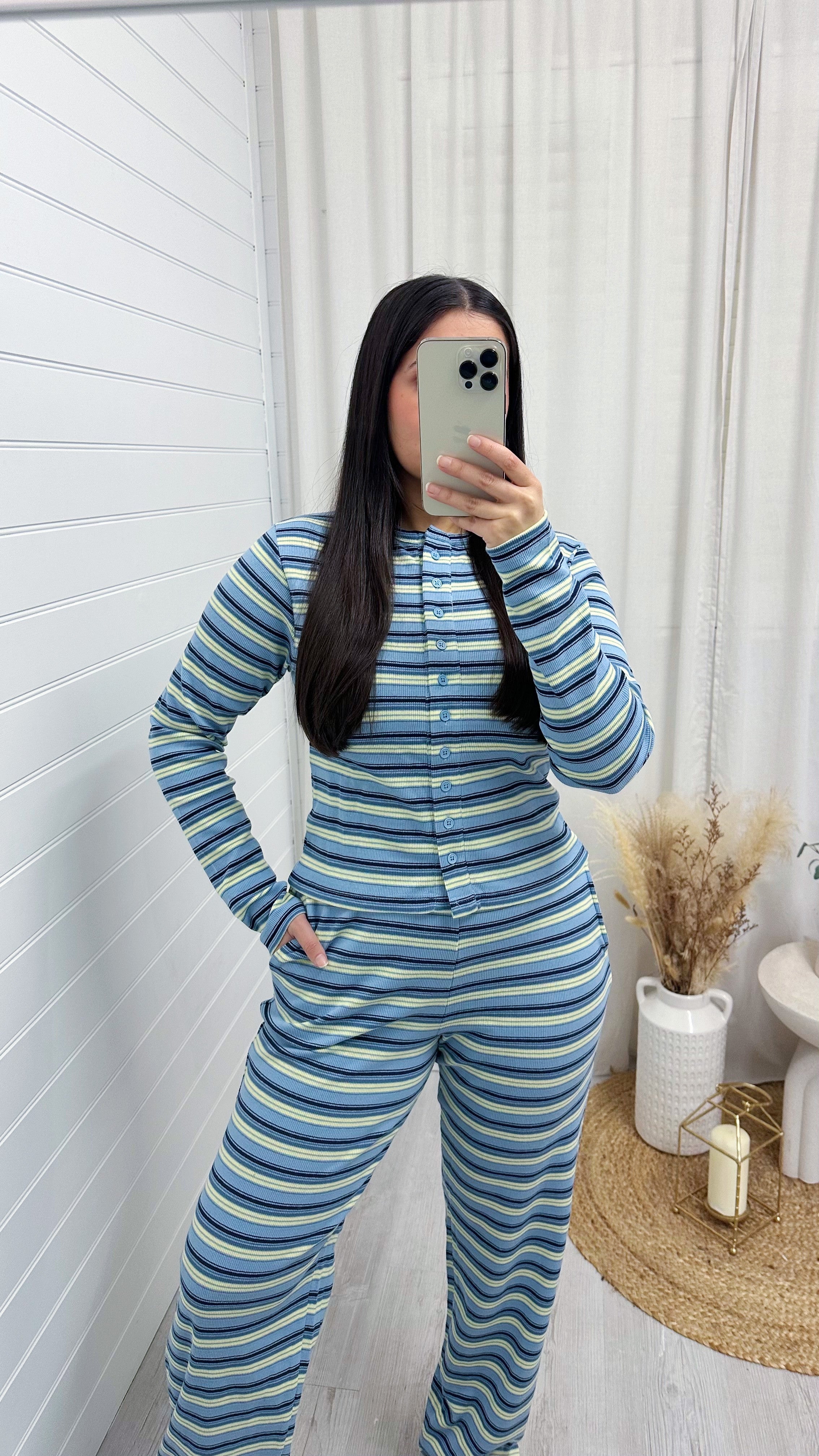 Stripe Knit Cardigan and Straight Leg Joggers Co-Ord - BLUE/LEMON