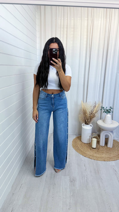 Wide Leg Diamante Side Split Jean - DARK DENIM