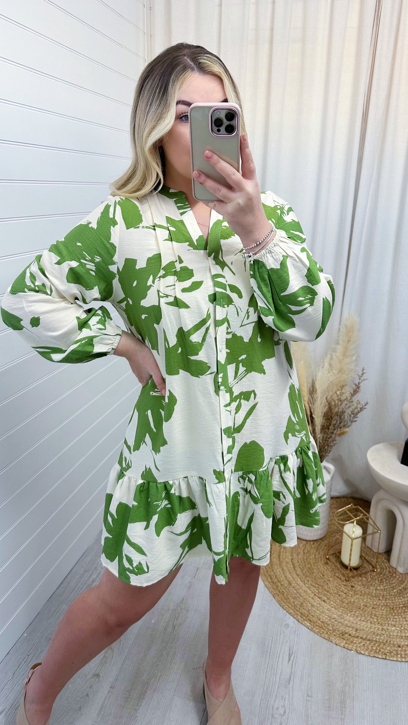 Leaf Print Frill Hem Dress - GREEN