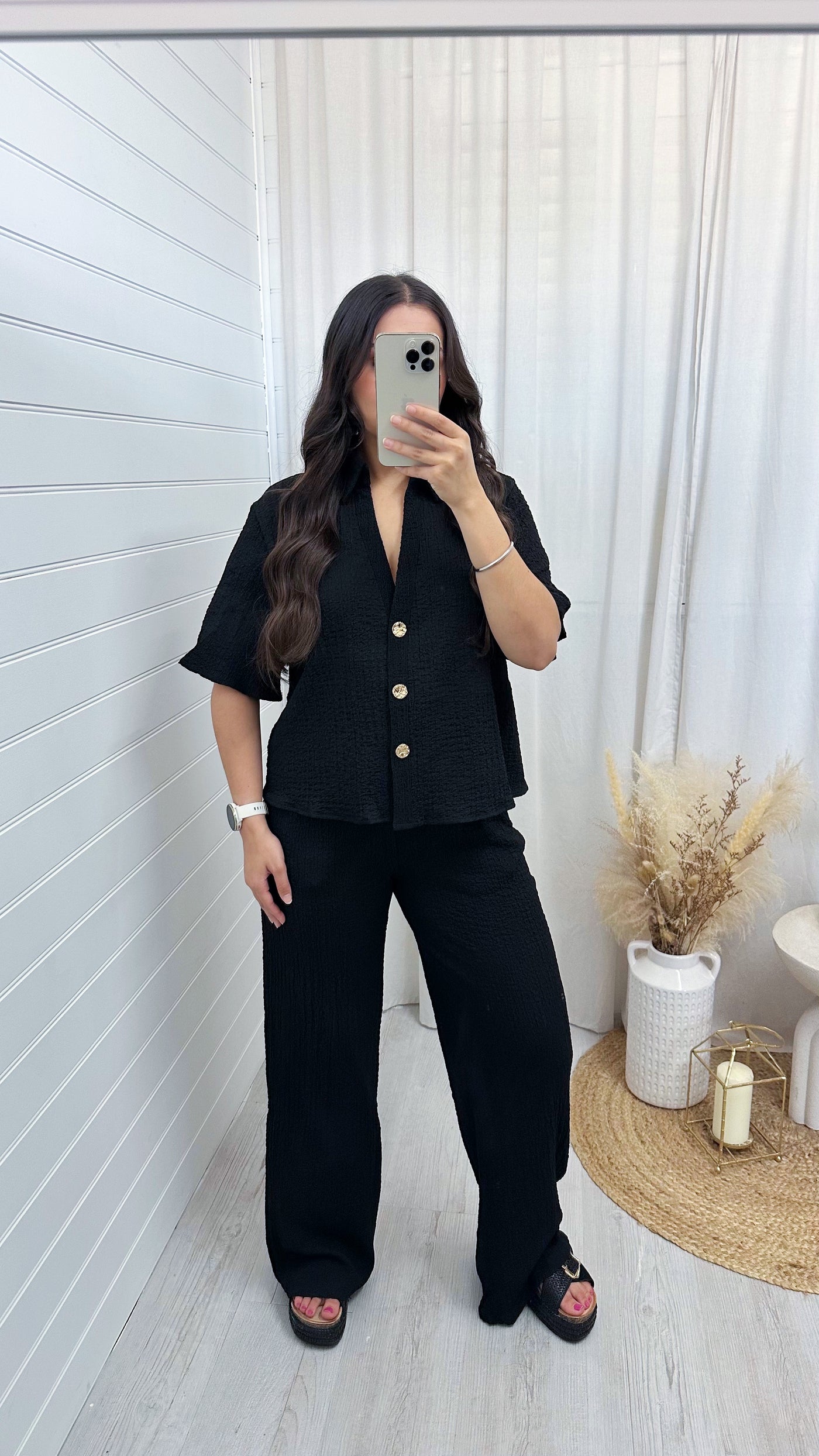 Cheesecloth Gold Button Shirt and Trousers Co-Ord - BLACK