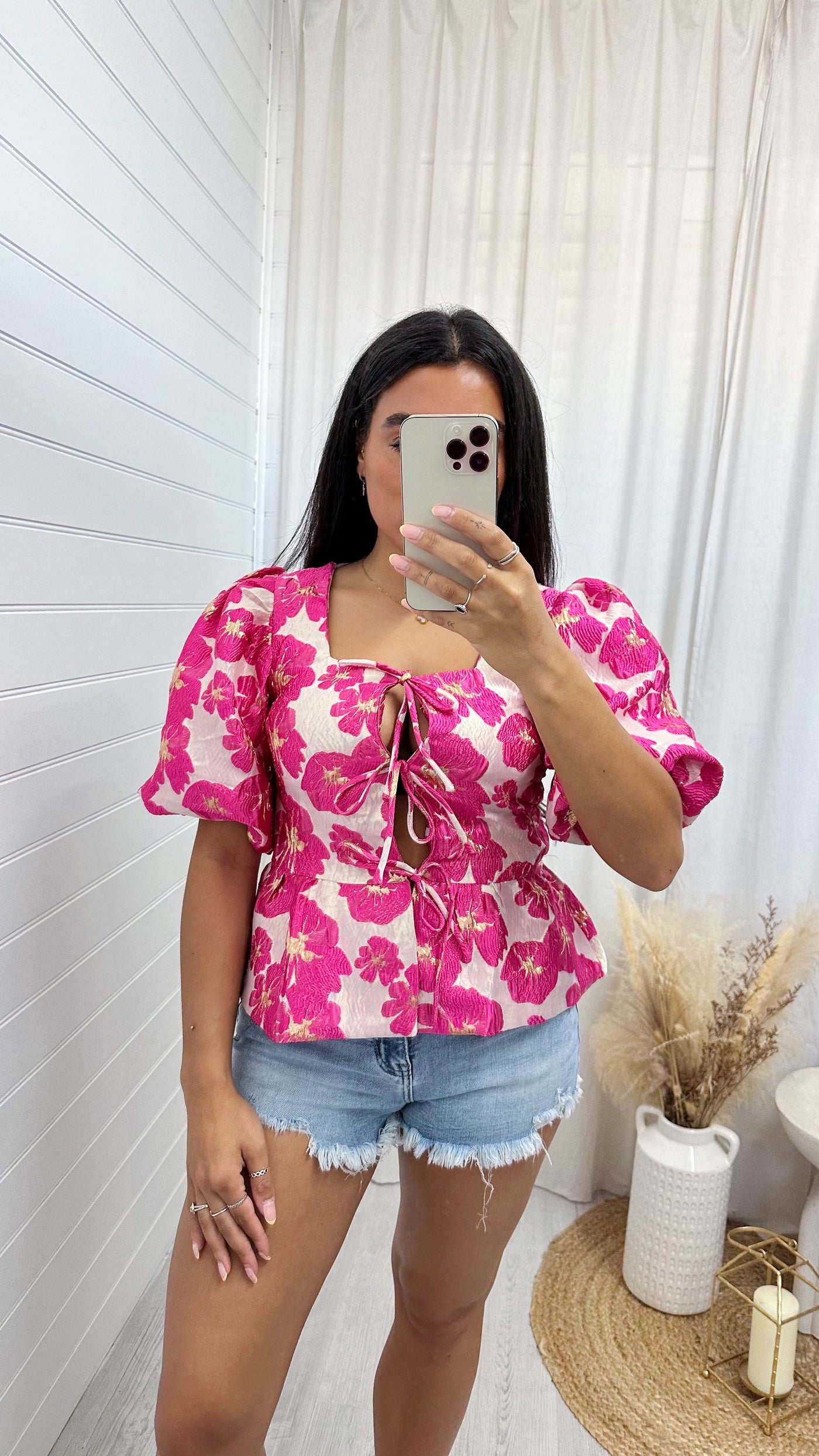 Peplum Tie Front Floral Jacquard Top - HOT PINK