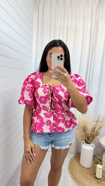 Peplum Tie Front Floral Jacquard Top - HOT PINK