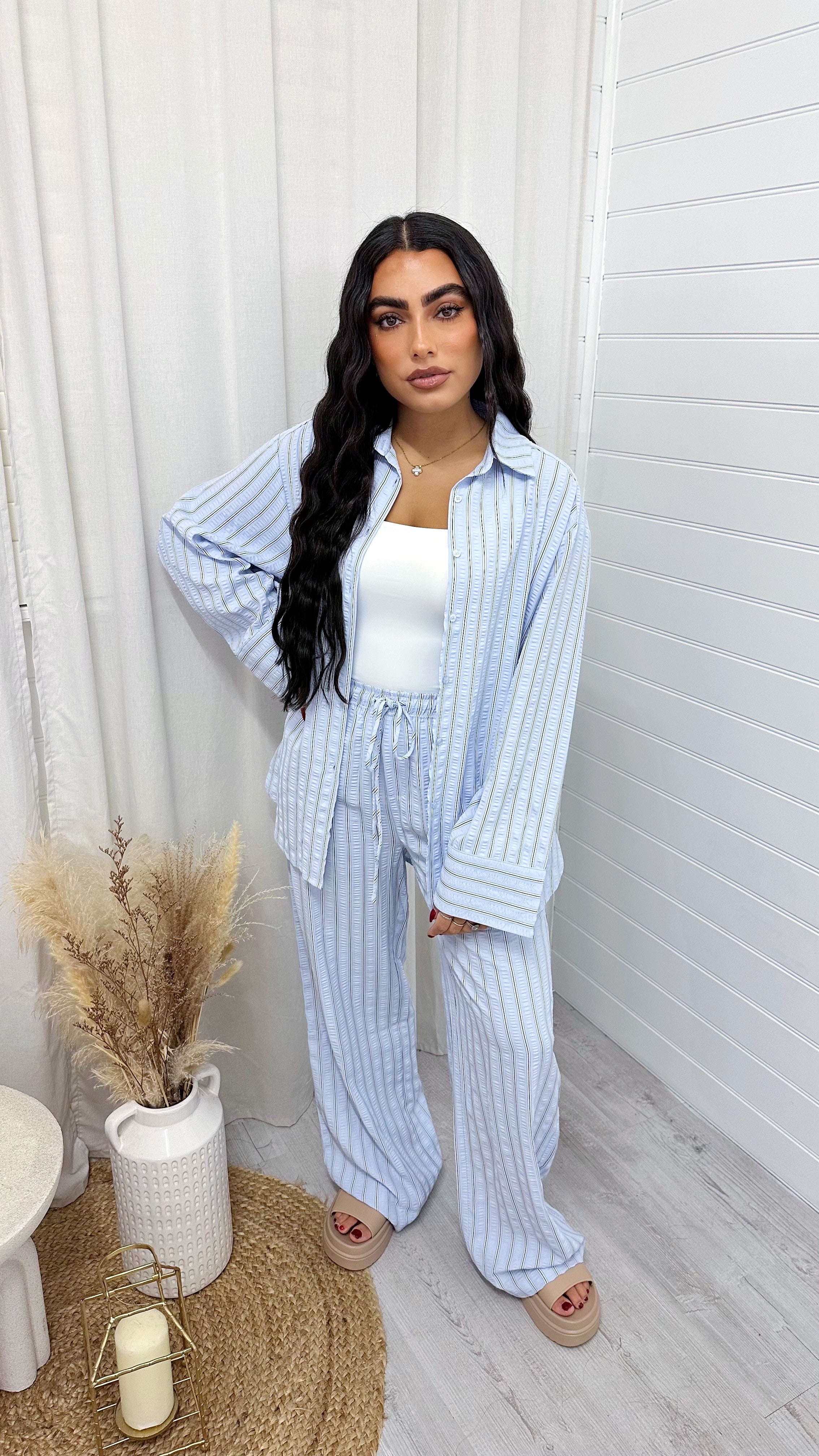 Striped Textured Shirt And Trouser Co-Ord - BABY BLUE