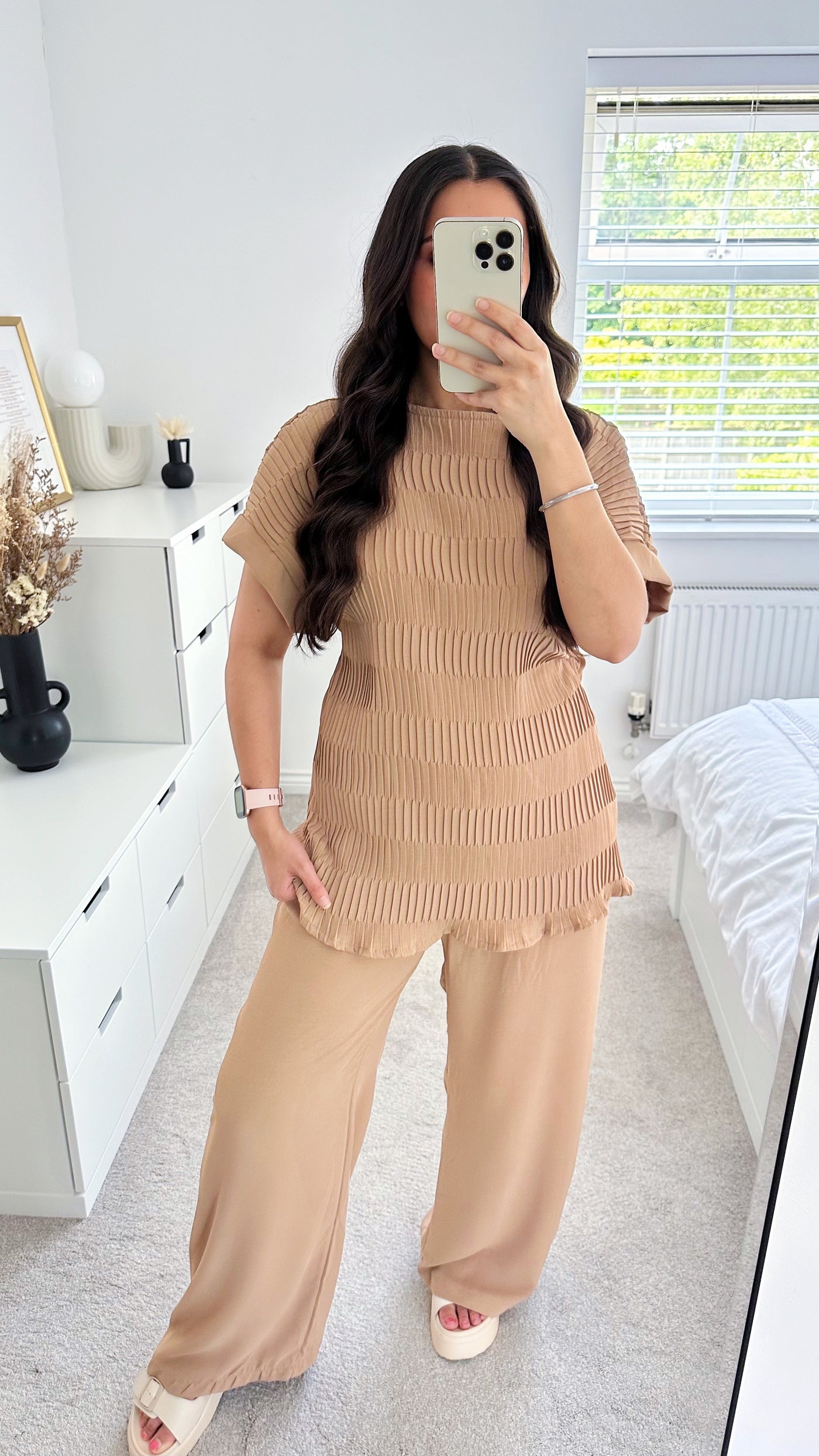 Crinkle Pleated Top and Wide Leg Trousers Co-Ord - DARK BEIGE