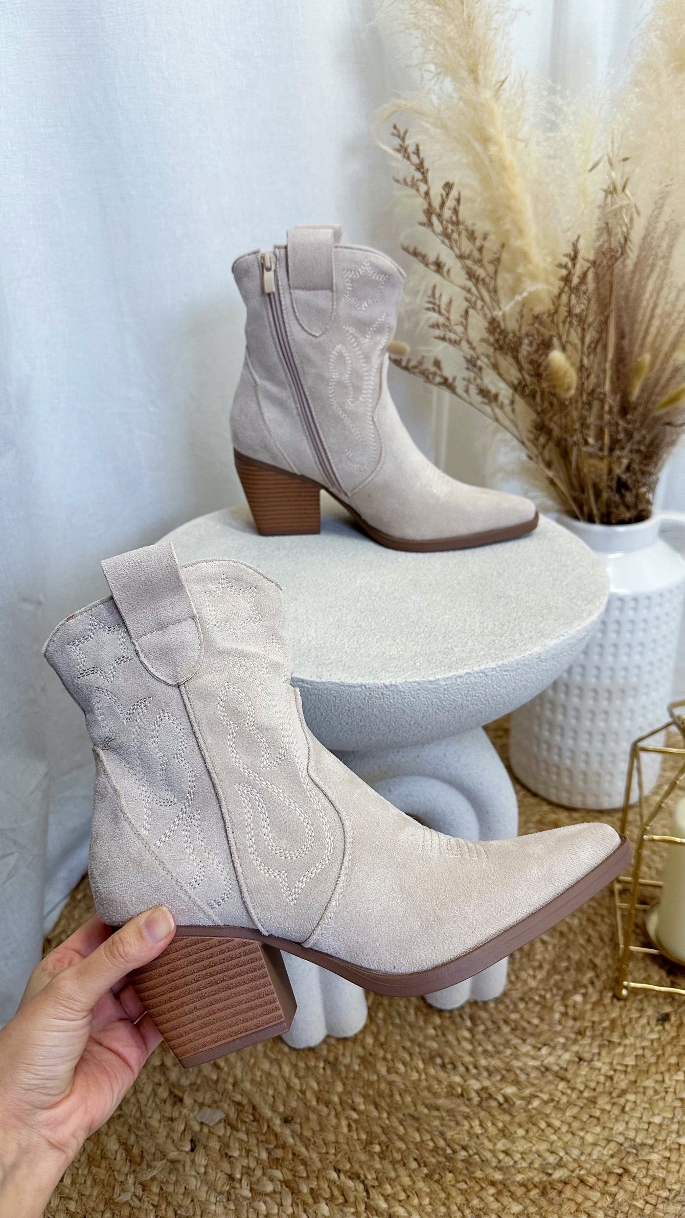 Embroidered Suede Ankle Length Cowboy Boots - LIGHT BEIGE