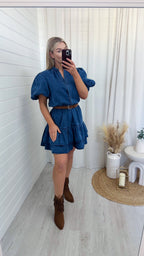 Puff Sleeve Frill Hem Denim Dress - DARK DENIM