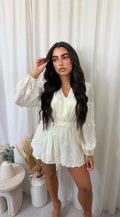 Sequin Flower Wrap Over Playsuit - CREAM