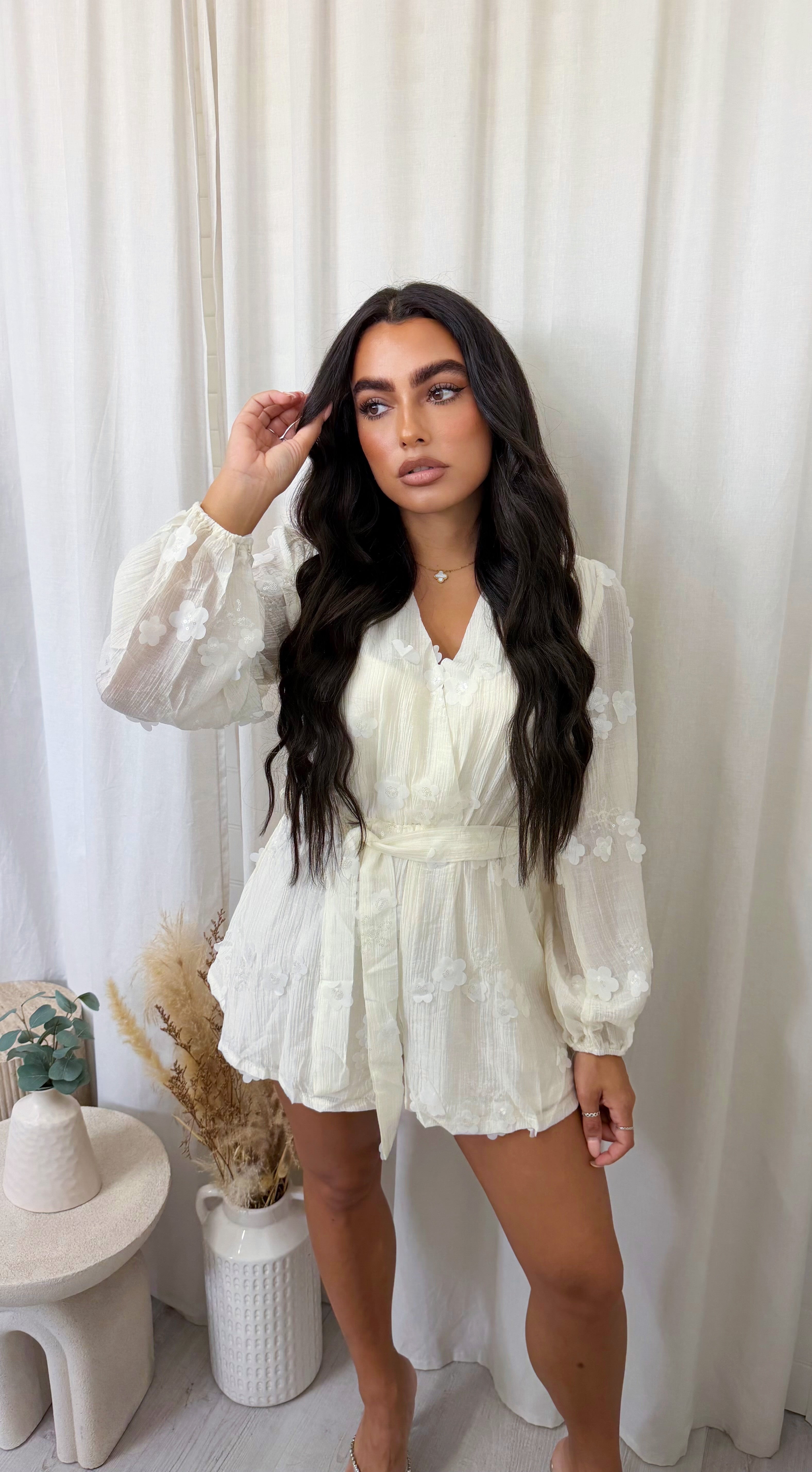 Sequin Flower Wrap Over Playsuit - CREAM