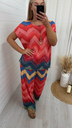 Zig Zag Pleated Top and Trousers Co-Ord - ORANGE