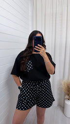 Polka Dot Baggy T-Shirt and Shorts Co-Ord - BLACK