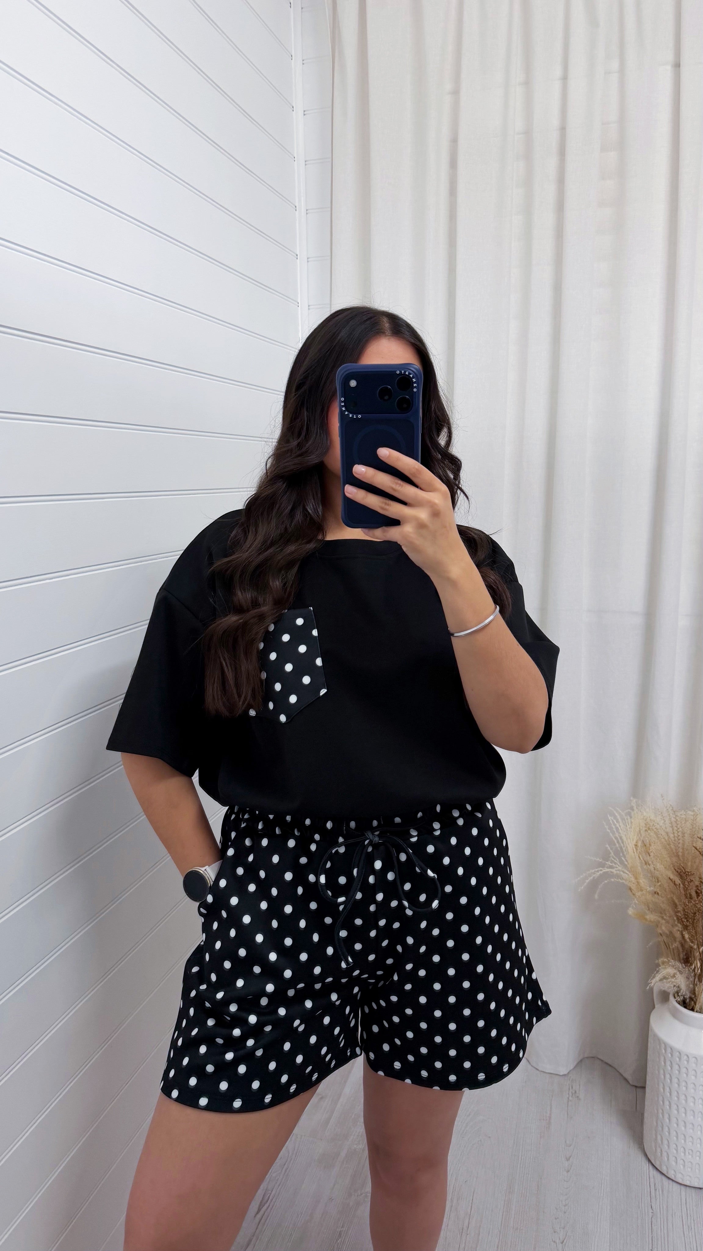 Polka Dot Baggy T-Shirt and Shorts Co-Ord - BLACK