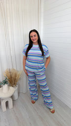 Lurex Pastel Stripe T-Shirt and Trousers Co-Ord - BLUE